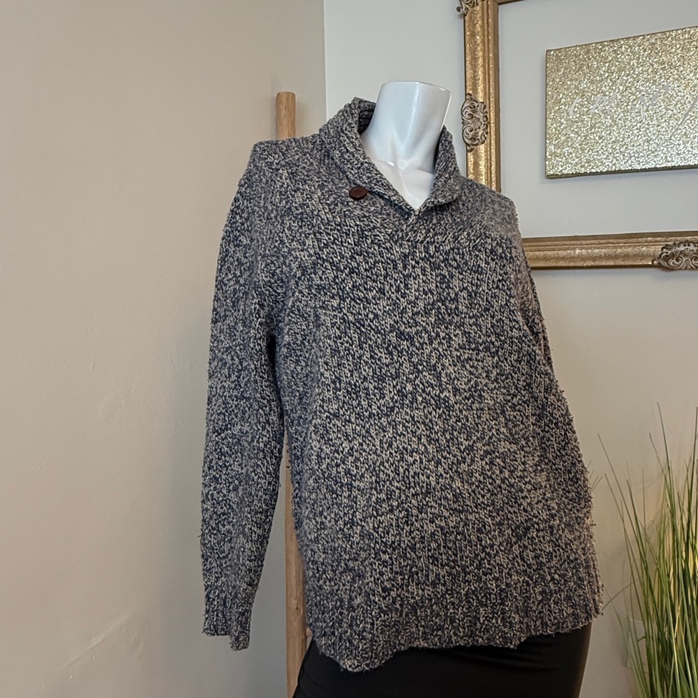 LL BEAN COWL NECK SWEATER MENS SMALL BLUE CREAM VINTAGE